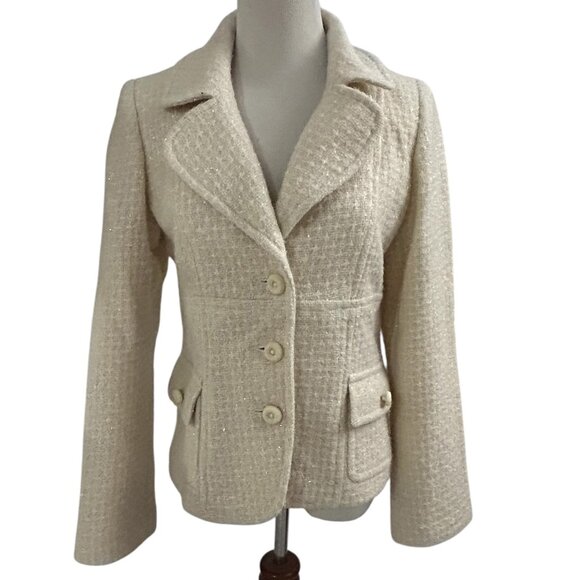Marvin Richards Women's Size M Cream & White Tweed Jacket Blazer Long Sleeve SHO - Picture 1 of 9